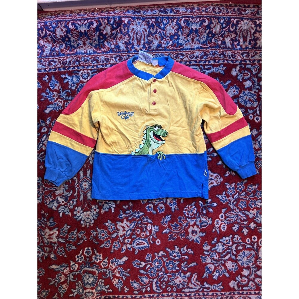 Vintage RAINFOREST CAFE T-SHIRT FROG Embroidered Color block Youth Med 90s Y2K